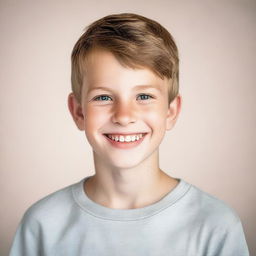 A portrait of a young white boy with a friendly smile, wearing casual clothes