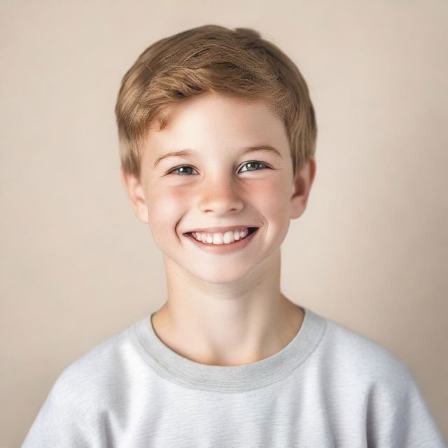 A portrait of a young white boy with a friendly smile, wearing casual clothes