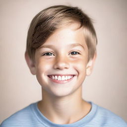 A portrait of a young white boy with a friendly smile, wearing casual clothes