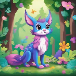 A detailed illustration of a cheerful and friendly cewe, a mythical creature, standing in a lush, enchanted forest