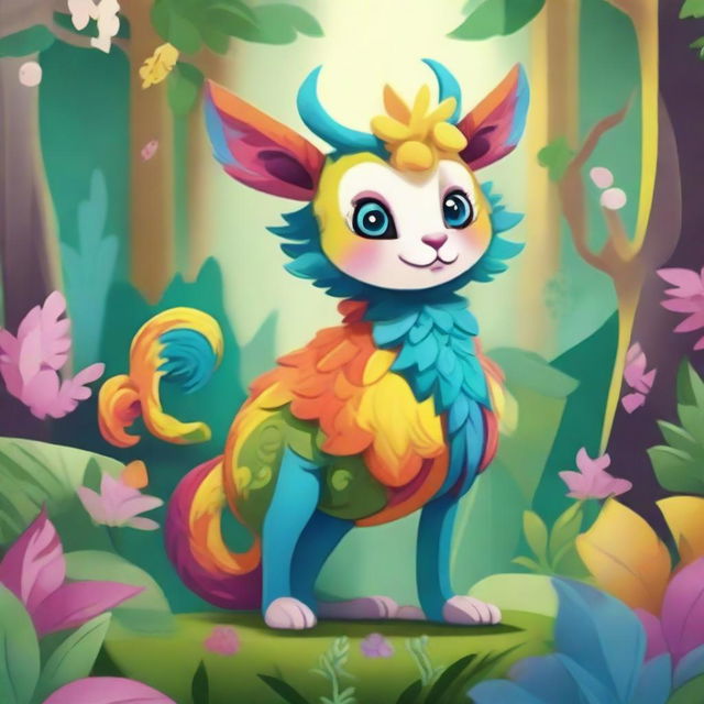 A detailed illustration of a cheerful and friendly cewe, a mythical creature, standing in a lush, enchanted forest