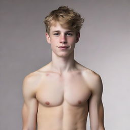 A shirtless white boy standing in a neutral background