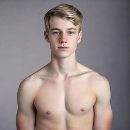 A shirtless white boy standing in a neutral background