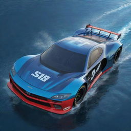 NASCAR racing cars conceptualized in an Aquapunk style, featuring streamlined aquatic designs, underwater functionality, high-power turbine propulsion, and bio-luminescent accents evoking deep-sea creatures