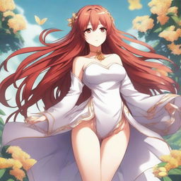 A stunningly beautiful anime female with flowing red hair, honey-colored eyes, and a voluptuous figure