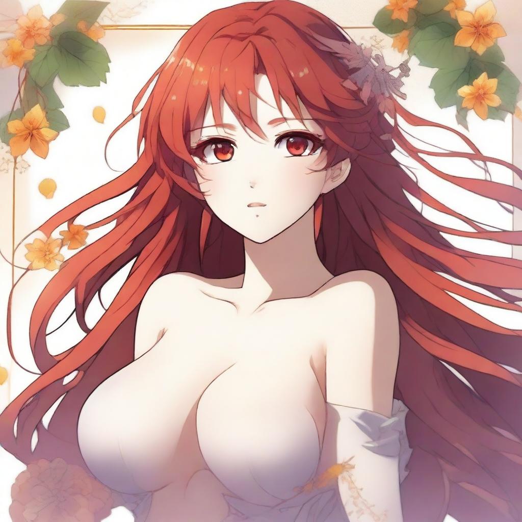 A stunningly beautiful anime female with flowing red hair, honey-colored eyes, and a voluptuous figure