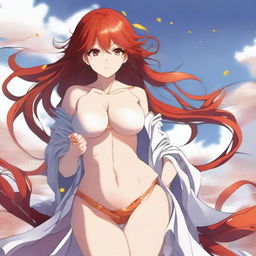 A stunningly beautiful anime female with flowing red hair, honey-colored eyes, and a voluptuous figure