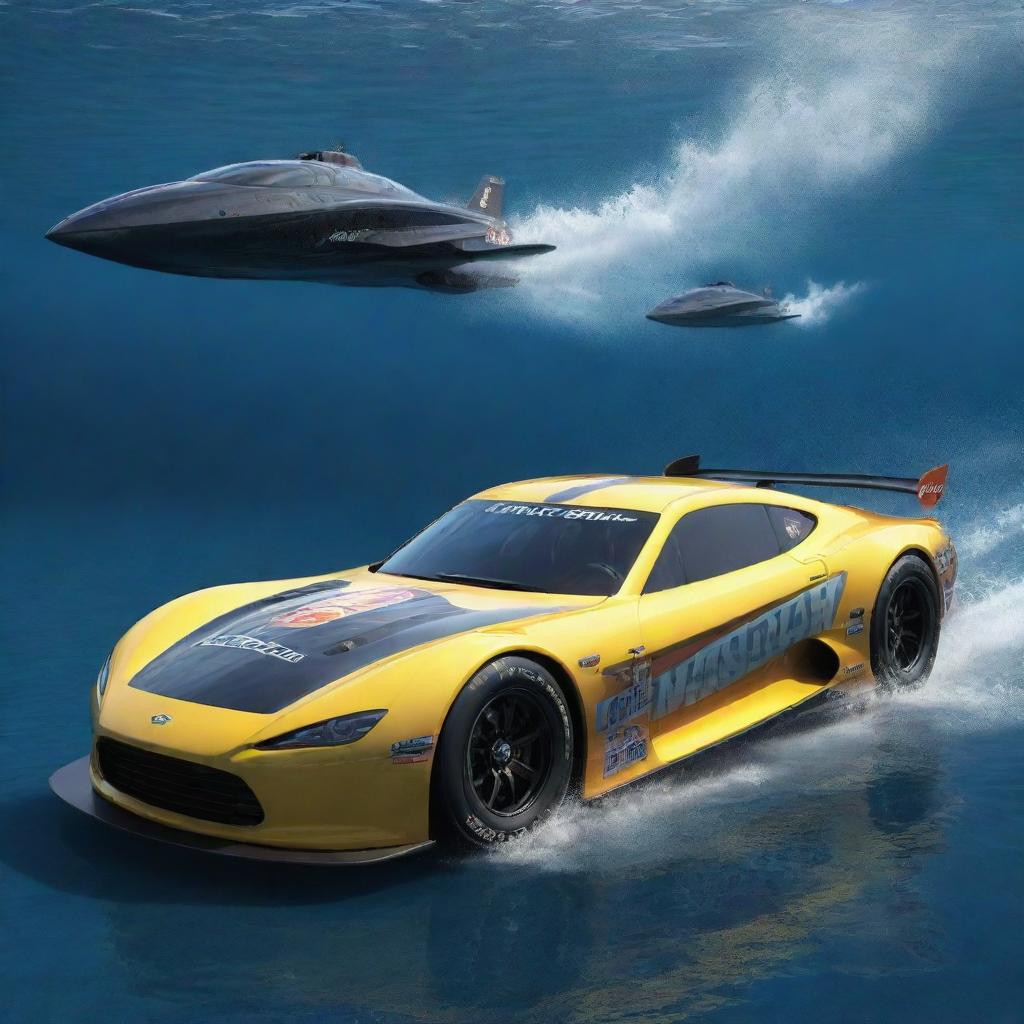 NASCAR racing cars conceptualized in an Aquapunk style, featuring streamlined aquatic designs, underwater functionality, high-power turbine propulsion, and bio-luminescent accents evoking deep-sea creatures