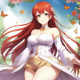 A stunningly beautiful anime female with flowing red hair, honey-colored eyes, and a voluptuous figure