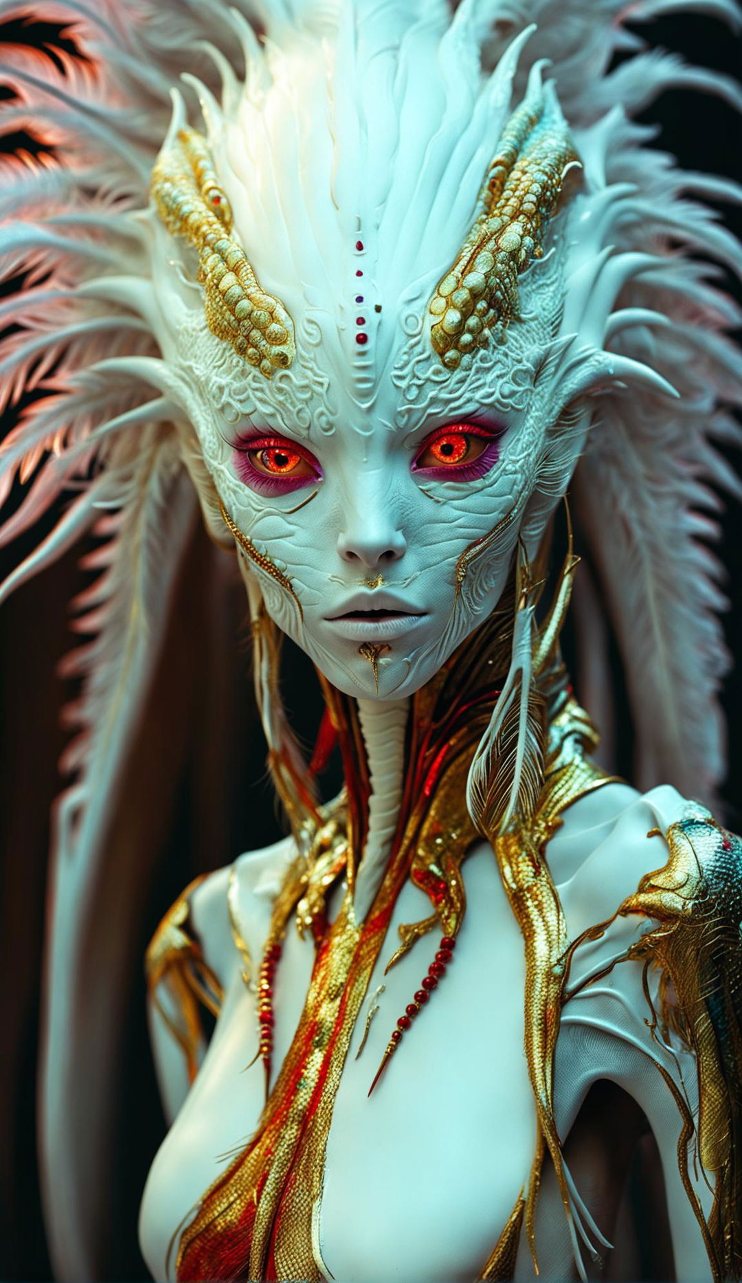 A beautiful alien with red eyes, white dragon-like skin, gold eyelashes and lips stands on a 74-degree platform. Her hair is made of peacock feathers and golden veins are visible beneath her skin. Rubies are embedded in her elongated head and her fingers are gold and white.