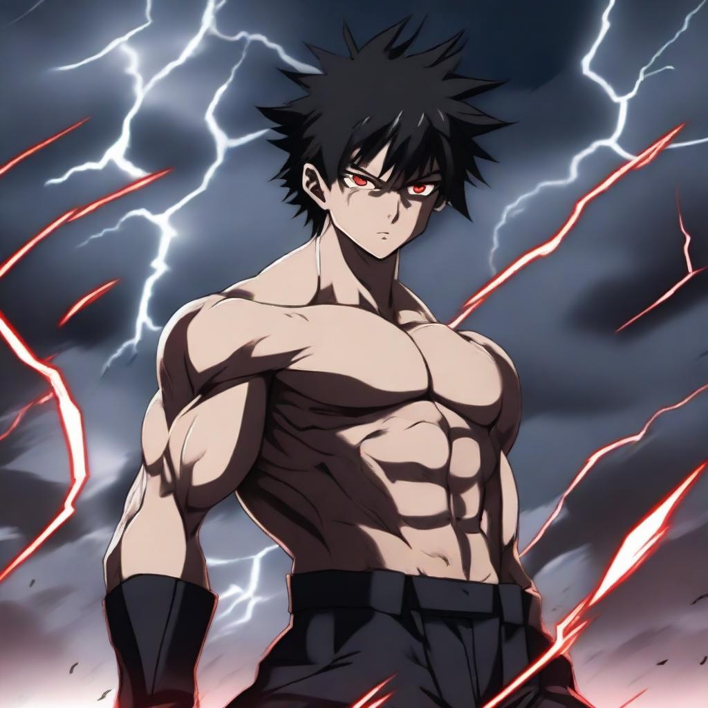 A badass anime man with short black hair and red eyes, standing in a dynamic pose with an intense expression