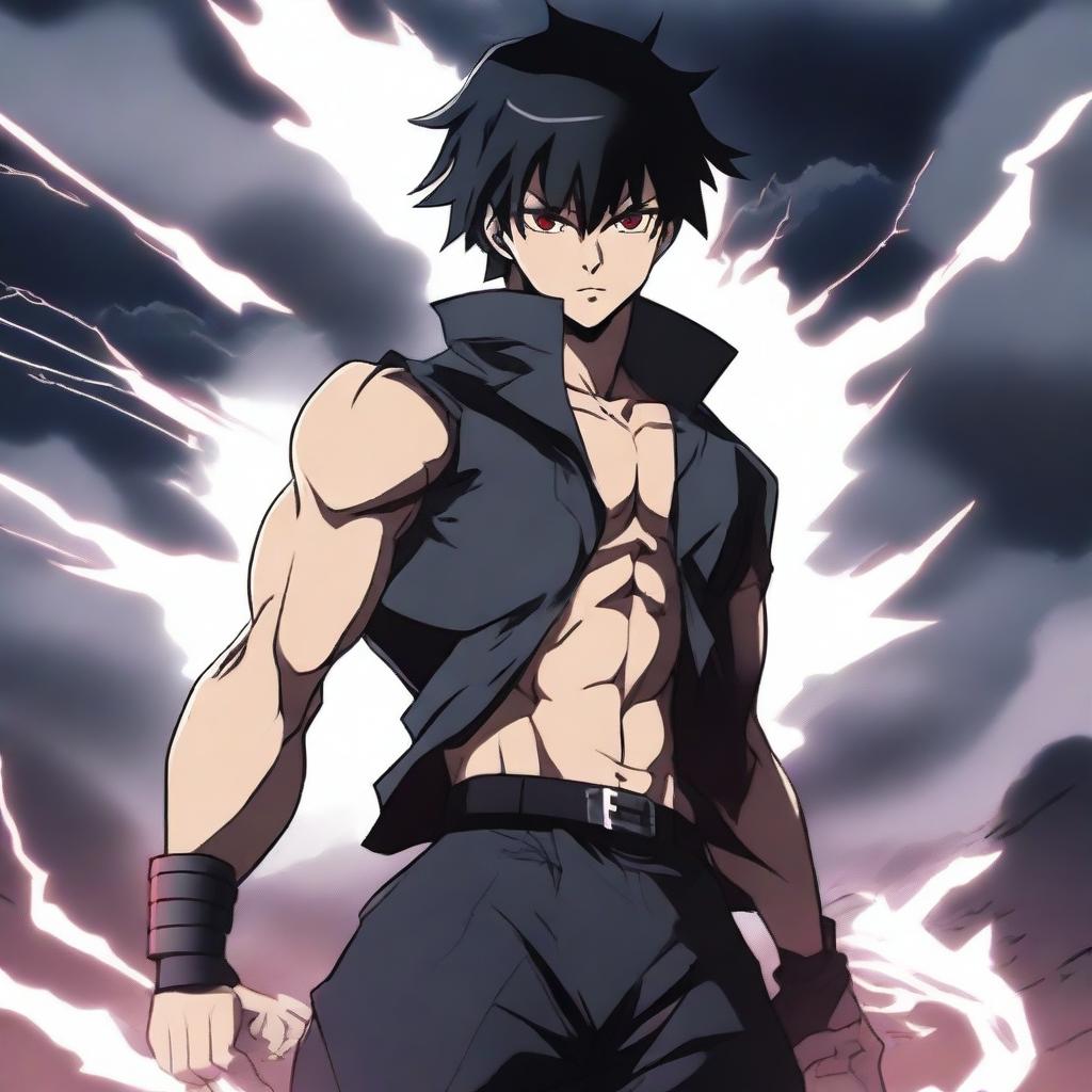 A badass anime man with short black hair and red eyes, standing in a dynamic pose with an intense expression