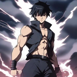 A badass anime man with short black hair and red eyes, standing in a dynamic pose with an intense expression