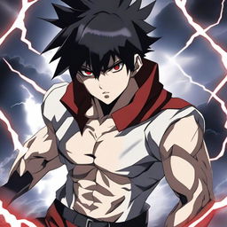 A badass anime man with short black hair and red eyes, standing in a dynamic pose with an intense expression