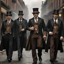 Steampunk Mafia, featuring gangsters clad in Victorian-era attire adorned with brass and copper accessories, racketeering steam-powered machinery, and running their clandestine operations from clockwork-enhanced speakeasies