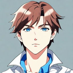 A detailed anime-style illustration of a man with short brown hair and striking blue eyes