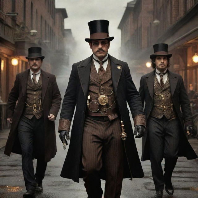 Steampunk Mafia, featuring gangsters clad in Victorian-era attire adorned with brass and copper accessories, racketeering steam-powered machinery, and running their clandestine operations from clockwork-enhanced speakeasies