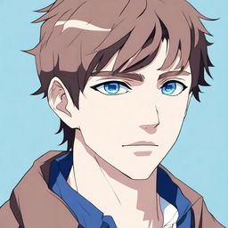 A detailed anime-style illustration of a man with short brown hair and striking blue eyes