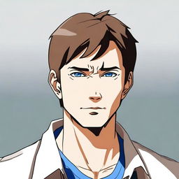 Create an anime-style image of a 40-year-old man with short brown hair and blue eyes