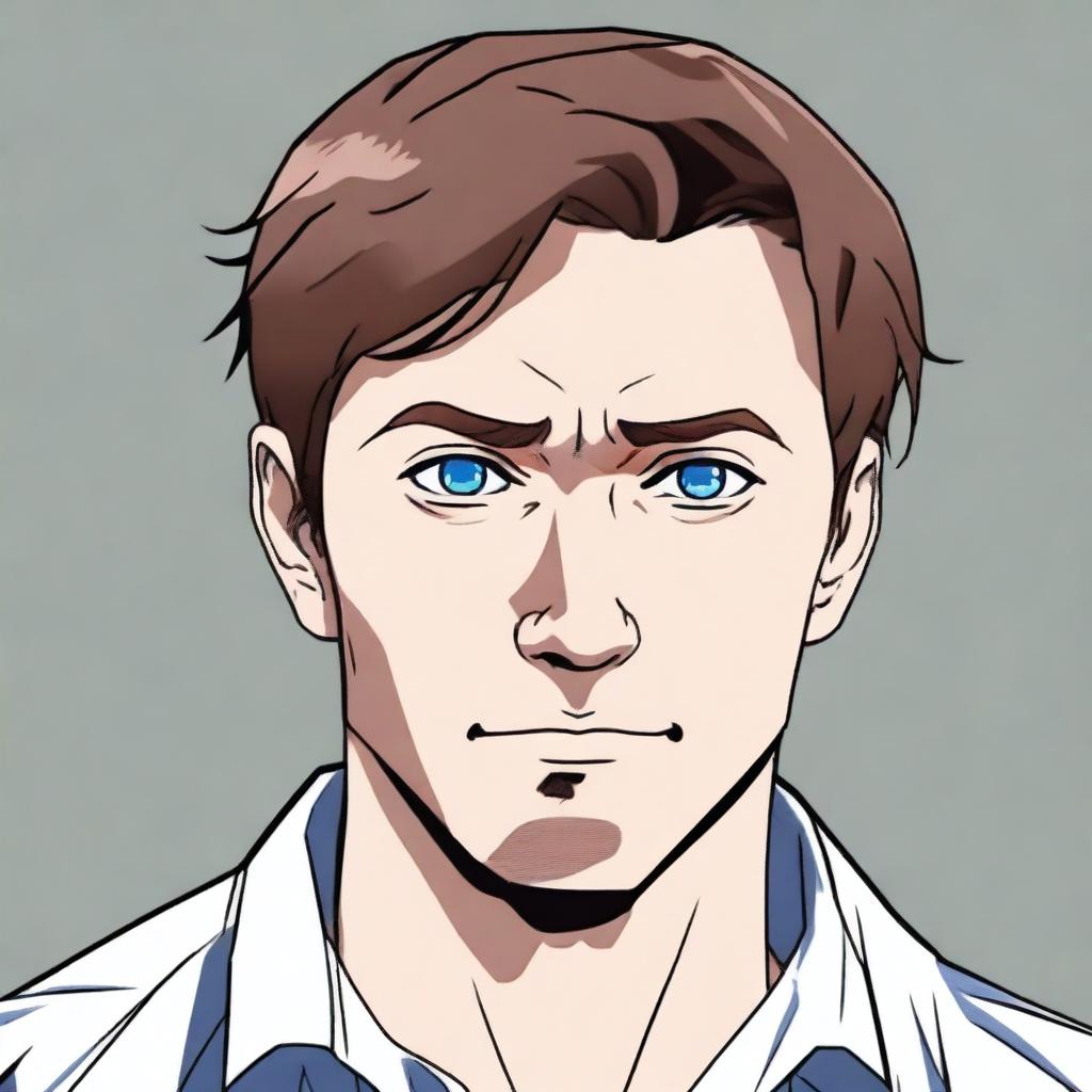 Create an anime-style image of a 40-year-old man with short brown hair and blue eyes