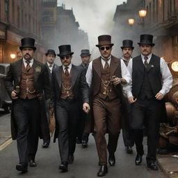 Steampunk Mafia, featuring gangsters clad in Victorian-era attire adorned with brass and copper accessories, racketeering steam-powered machinery, and running their clandestine operations from clockwork-enhanced speakeasies