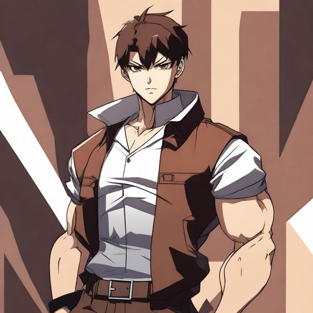 A badass anime man with brown very short hair and brown eyes, standing confidently with a fierce expression