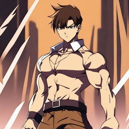 A badass anime man with brown very short hair and brown eyes, standing confidently with a fierce expression