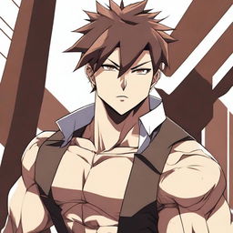 A badass anime man with brown very short hair and brown eyes, standing confidently with a fierce expression