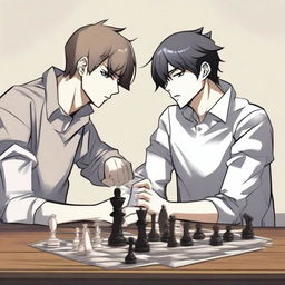 A manhwa-style scene featuring two people playing chess