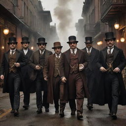 Steampunk Mafia, featuring gangsters clad in Victorian-era attire adorned with brass and copper accessories, racketeering steam-powered machinery, and running their clandestine operations from clockwork-enhanced speakeasies