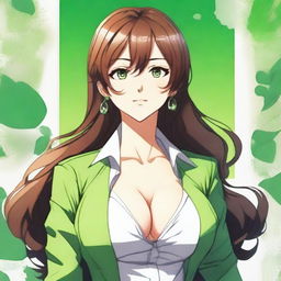 A stunningly beautiful anime-style 30-year-old female with flowing brown hair, captivating green eyes, and a voluptuous figure