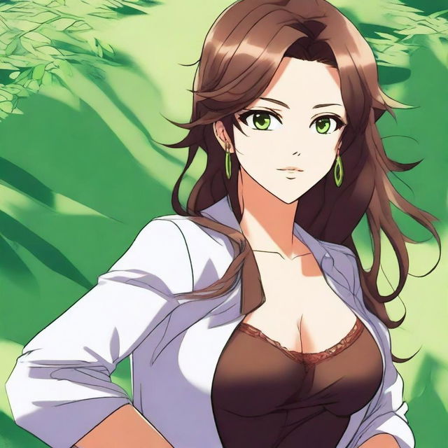 A stunningly beautiful anime-style 30-year-old female with flowing brown hair, captivating green eyes, and a voluptuous figure