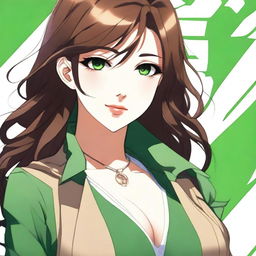 A stunningly beautiful anime-style 30-year-old female with flowing brown hair, captivating green eyes, and a voluptuous figure