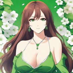 A stunningly beautiful anime-style 30-year-old female with flowing brown hair, captivating green eyes, and a voluptuous figure