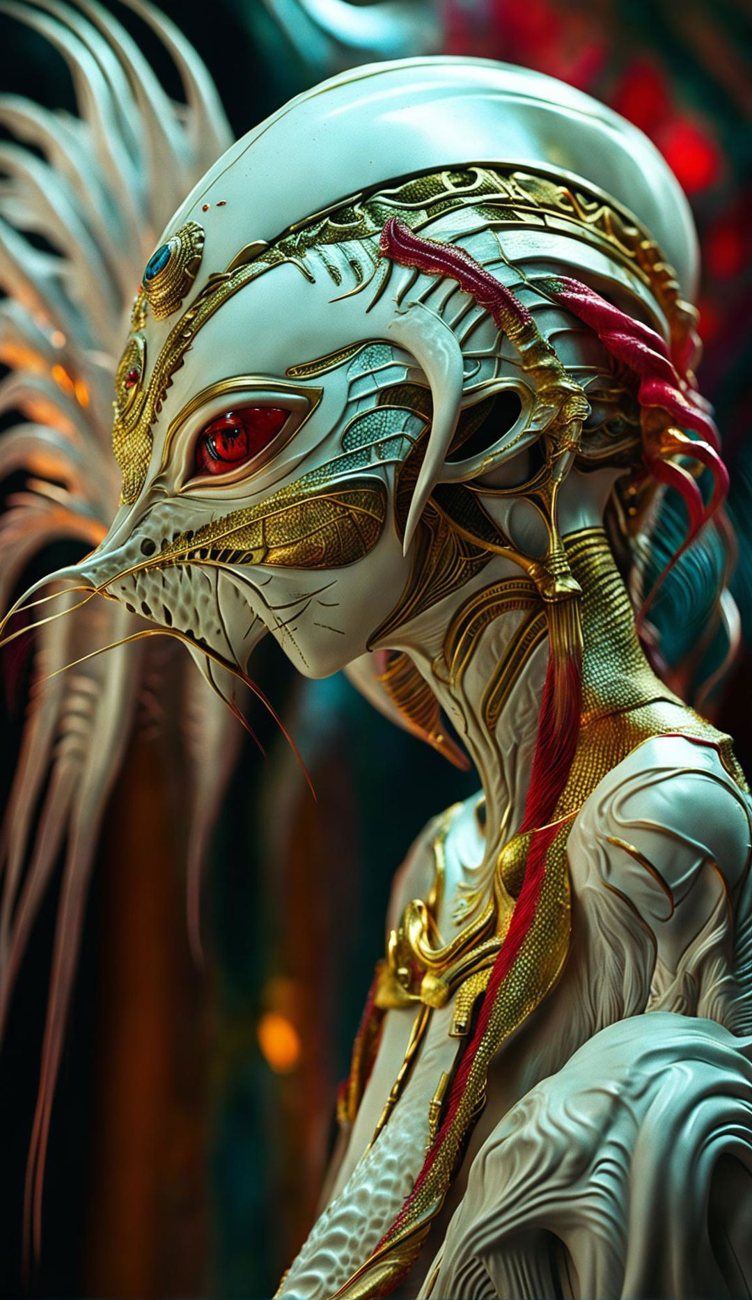 A beautiful alien with red irises, white dragon-like skin, gold eyelashes and lips is captured in a side profile. Her hair is made of peacock feathers and golden veins are visible beneath her skin. Rubies are embedded in her elongated head and her fingers are gold and white.