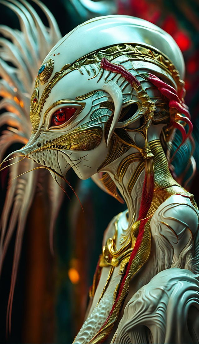 A beautiful alien with red irises, white dragon-like skin, gold eyelashes and lips is captured in a side profile. Her hair is made of peacock feathers and golden veins are visible beneath her skin. Rubies are embedded in her elongated head and her fingers are gold and white.