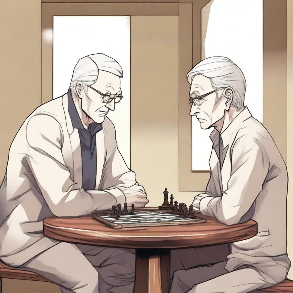 A manhwa-style scene featuring two people playing chess