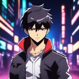 A badass anime-style 30-year-old man with short black hair and red eyes