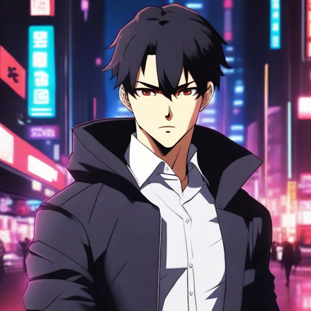 A badass anime-style 30-year-old man with short black hair and red eyes