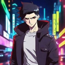 A badass anime-style 30-year-old man with short black hair and red eyes