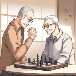 A manhwa-style scene featuring two people playing chess