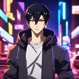 A badass anime-style 30-year-old man with short black hair and red eyes