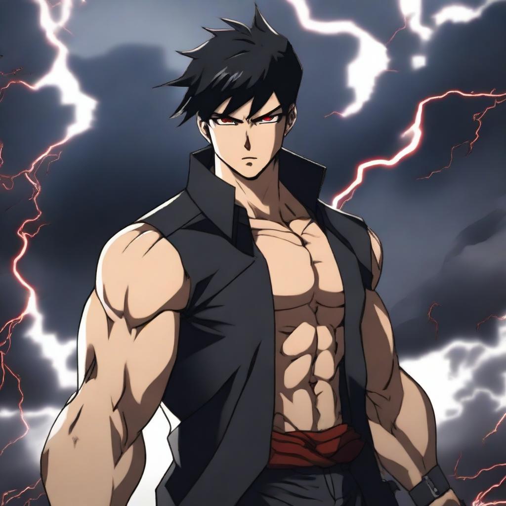 A badass anime 40-year-old man with short black hair and red eyes, standing in a powerful pose