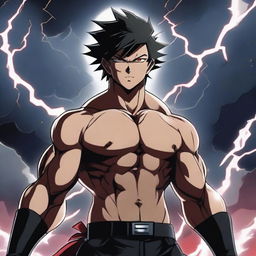 A badass anime 40-year-old man with short black hair and red eyes, standing in a powerful pose