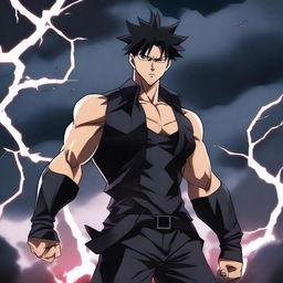 A badass anime 40-year-old man with short black hair and red eyes, standing in a powerful pose