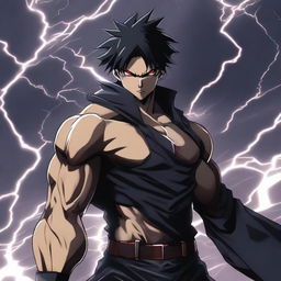 A badass anime 40-year-old man with short black hair and red eyes, standing in a powerful pose