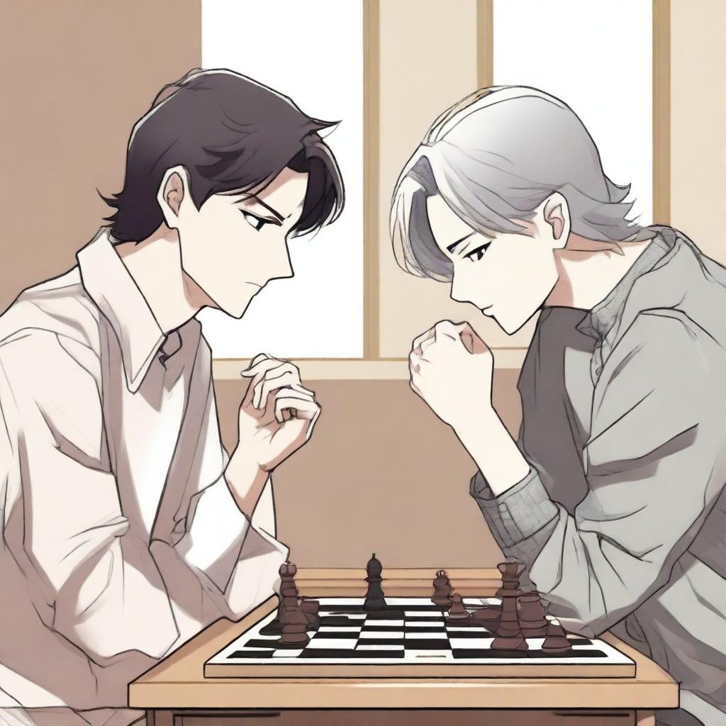 A manhwa-style scene featuring two people playing chess