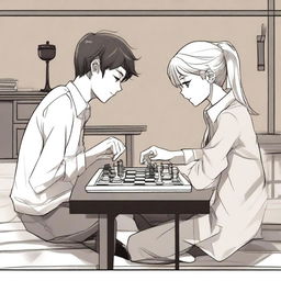 A manhwa-style scene featuring two people playing chess