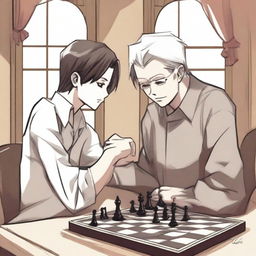 A manhwa-style scene featuring two people playing chess