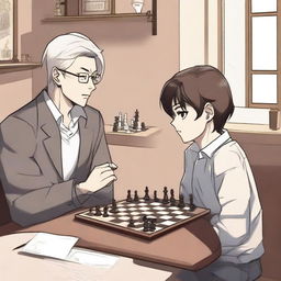 A manhwa-style scene featuring two people playing chess